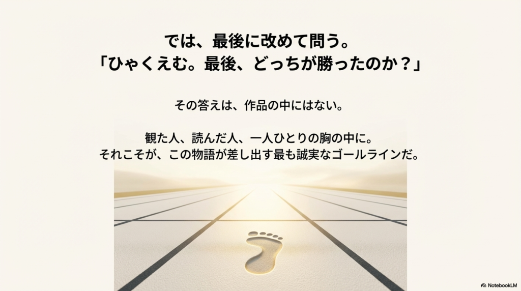 朝日に照らされたトラックに一歩の足跡が残されたビジュアル。答えは作品の中ではなく、読者一人ひとりの胸の中にあるというメッセージ。