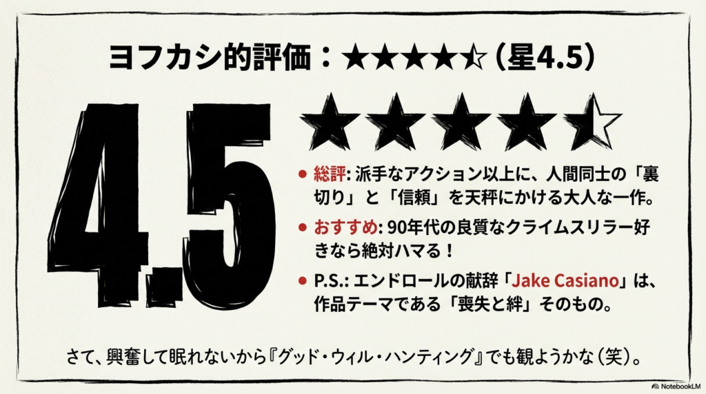 星4.5の評価。人間同士の「裏切り」と「信頼」を描いた大人な一作であるという総評と、エンドロールの献辞についてのメッセージが書かれたスライド。