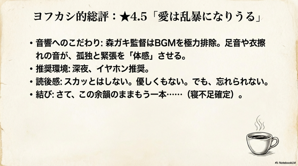 おすすめ度4.5、音響へのこだわり、深夜のイヤホン推奨など、管理人ヨフカシによる作品の最終的な評価と鑑賞の結びをまとめたスライド 。