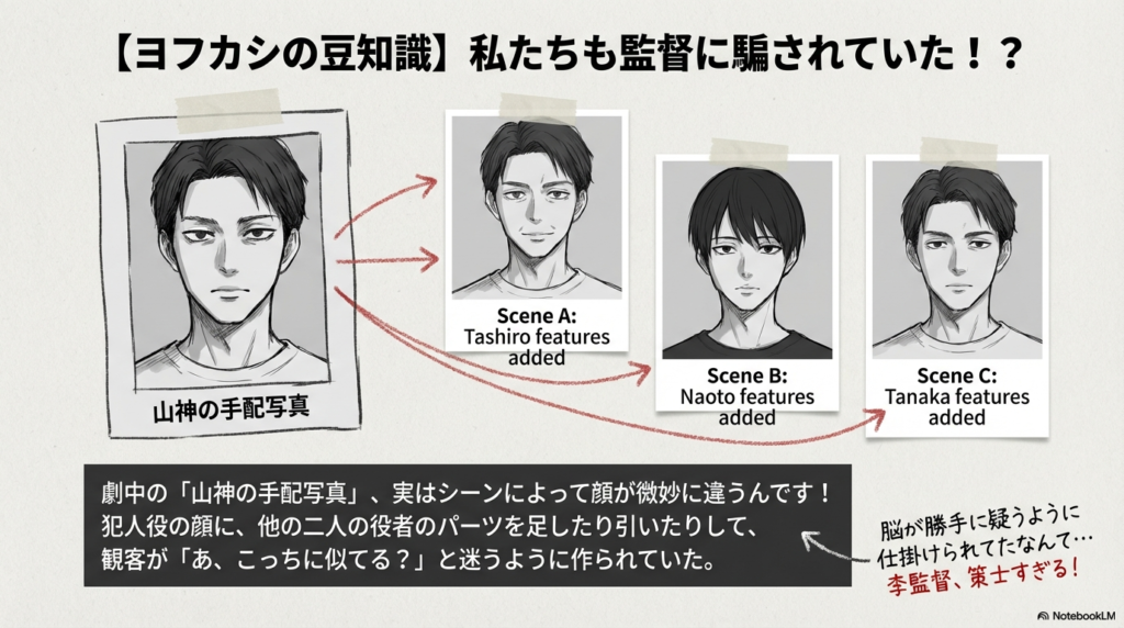劇中の手配写真が、シーンによって「田代」「直人」「田中」それぞれの特徴を微妙に混ぜ合わせて作られていたことを解説する比較画像 。