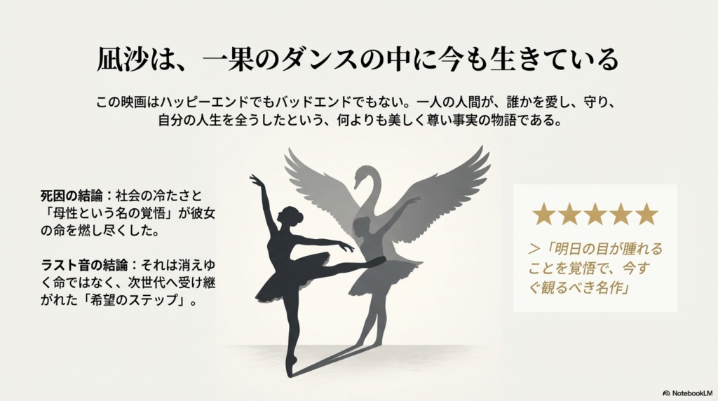 映画の結論として、一果のダンスの中に凪沙が生き続けていること、これが尊い事実の物語であることを示すスライド。