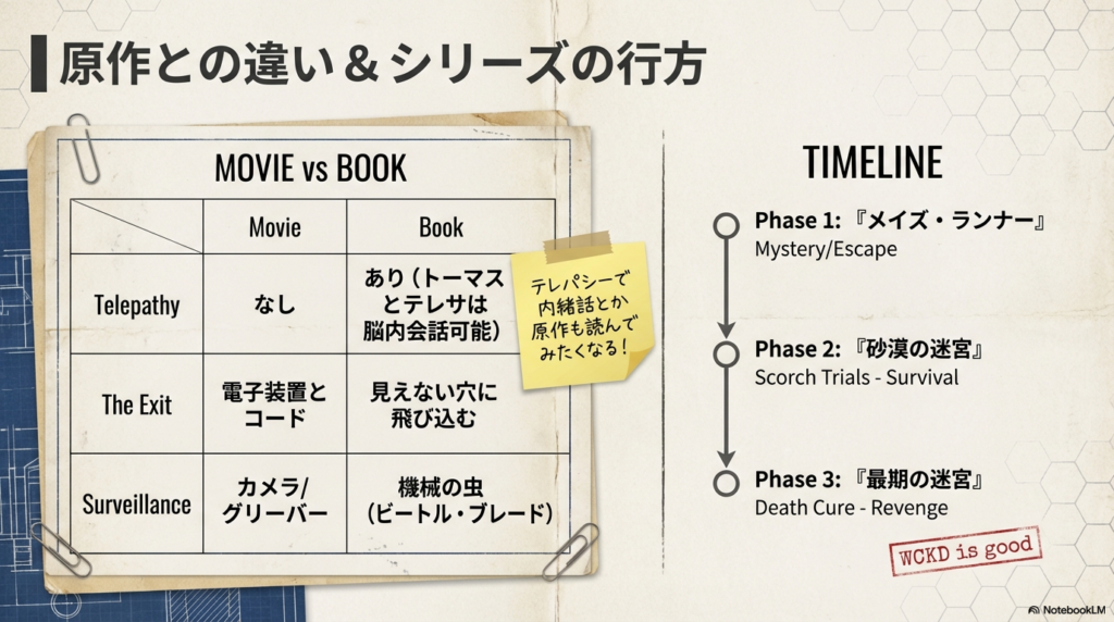 テレパシーの有無など映画と原作の主な違いをまとめた表と、第1作から第3作(最期の迷宮)までのタイムラインを示したスライド 。