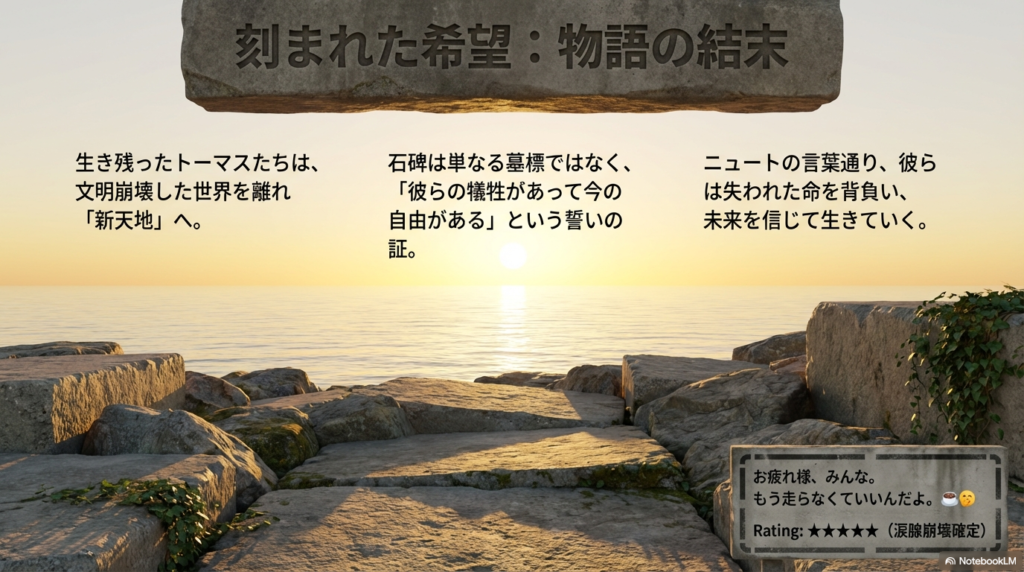 新天地へ到達した生存者たちと、犠牲になった仲間の名前を刻んだ石碑が「自由の証」であることを象徴的に描いたスライド。