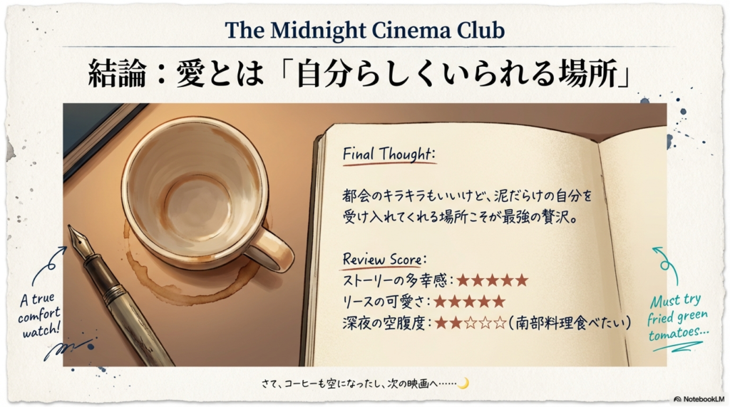 空になったコーヒーカップのイラスト。都会のキラキラよりも、自分を受け入れてくれる場所こそが最高の贅沢であるという最終的な考察。