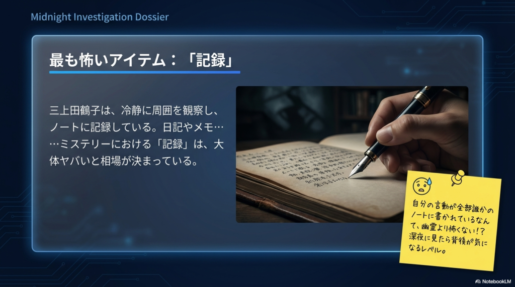 三上田鶴子が周囲を観察してノートに記録している様子。誰かにすべてを記されている恐怖を表現している。