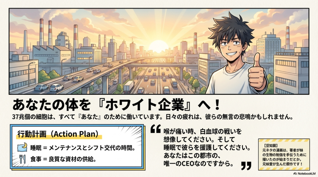 整備された都市と、笑顔で親指を立てる健康的な姿の「ヨフカシ」が描かれた、睡眠と食事の重要性を説くスライド 。