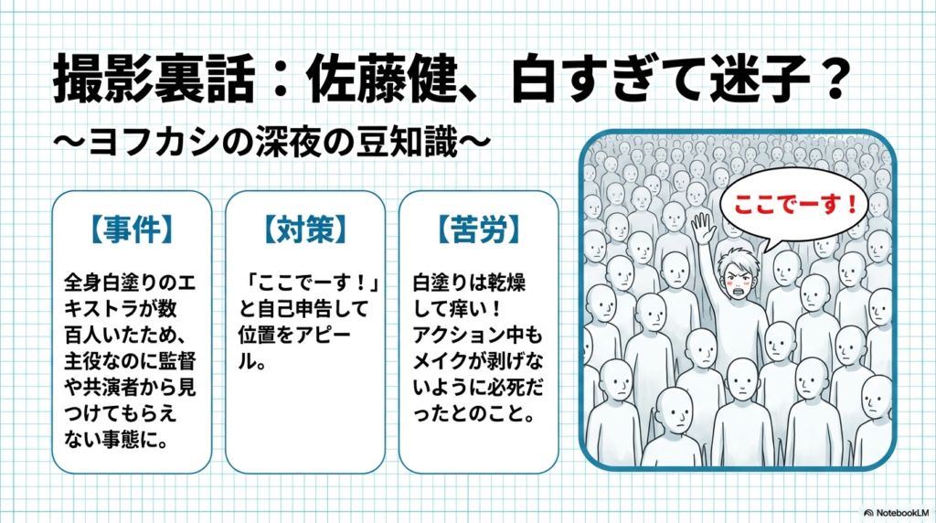 数百人の白塗りエキストラの中で「ここでーす!」と自己申告する佐藤健のコミカルなイラストと、メイクの苦労話。