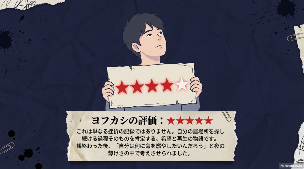 「自分は何に命を燃やしたいのか」を問いかける、希望と再生の物語としての最終評価スライド
