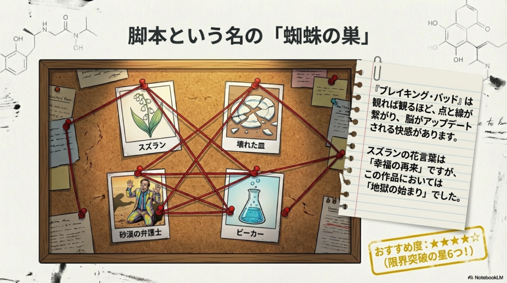 スズラン、壊れた皿、砂漠の弁護士などの要素が繋がり合う様子と、「おすすめ度：星6つ（限界突破）」を記したまとめスライド。