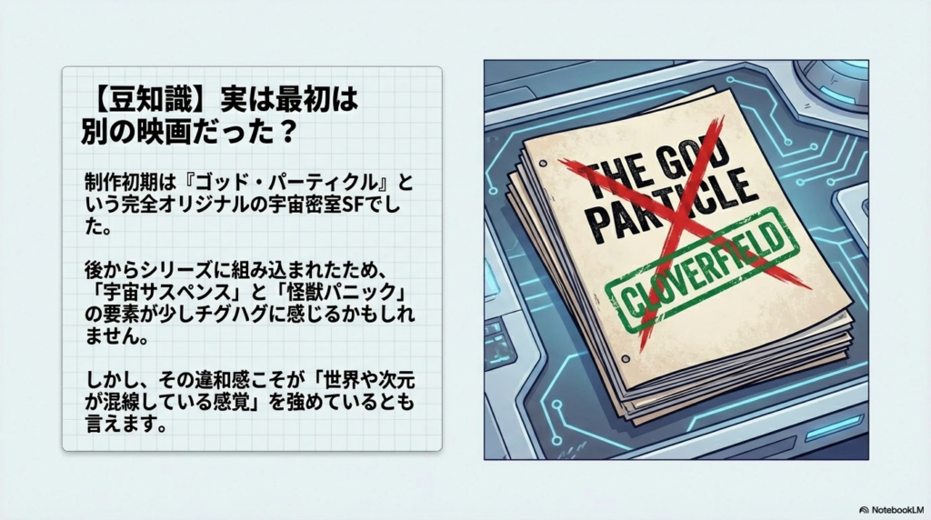 「THE GOD PARTICLE」というタイトルが書かれた脚本の表紙に、赤いバツ印が引かれ、その上に緑色のスタンプで「CLOVERFIELD」と押されているイラスト。