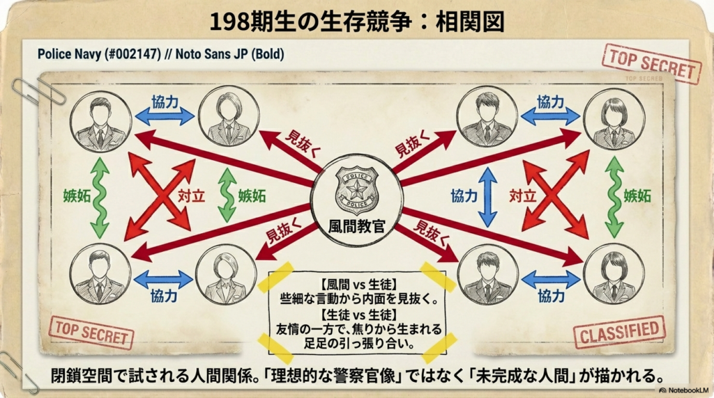 風間教官を中心に、生徒たちの間に「協力」「嫉妬」「対立」の矢印が飛び交う複雑な相関図。