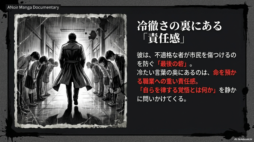 廊下を歩き去る風間教官の背中に向かって、左右に並んだ生徒たちが深く一礼している。不適格な者から市民を守る「最後の砦」としての姿。