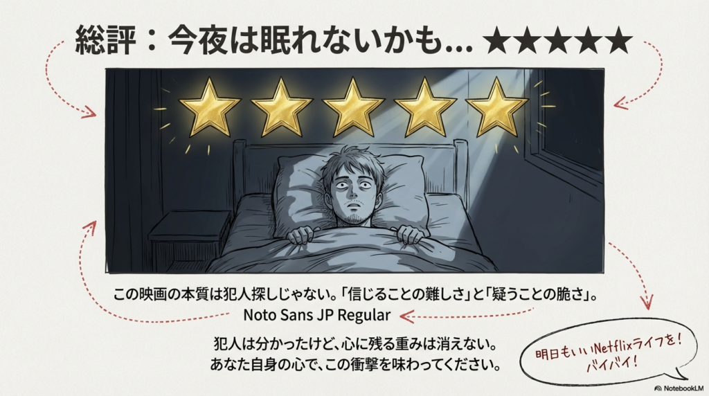 「今夜は眠れないかも」という総評と、「明日もいいNetflixライフを!」というヨフカシからの締めくくりの言葉 。