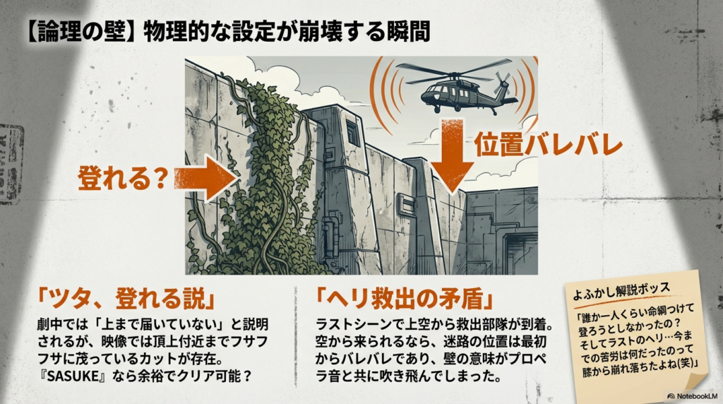 頂上まで茂るツタの矛盾と、空から救出に来るヘリコプターによって迷路の設定が崩壊していることを解説するスライド 。