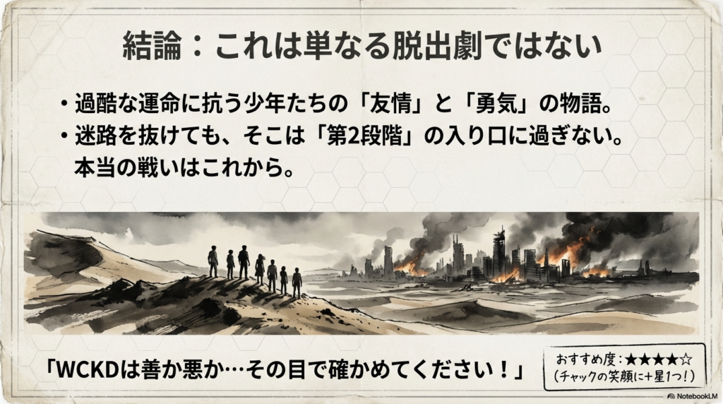 友情と勇気の物語であるという結論と、ヨフカシさんによる「おすすめ度:星4つ(チャックの笑顔に+1)」という評価が記載されたスライド 。