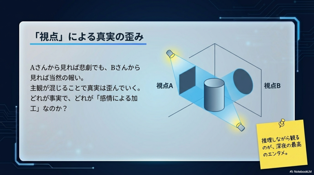 視点Aと視点Bによって、一つの事実が異なる感情で加工され、真実が歪んでいく様子を示す図解。