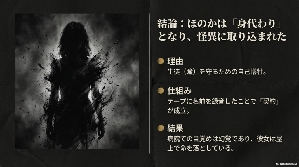 君島ほのかがなぜ死んだのか、その核心的な理由と物語に隠されたトリックの全容を1ページにまとめた総括スライド。