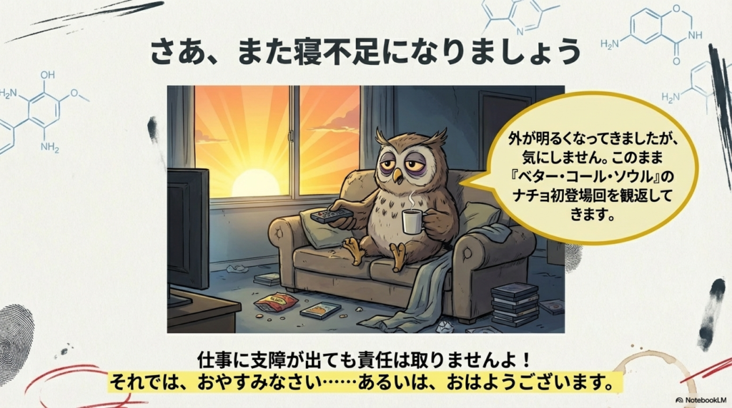 夜が明けて朝日が差し込む部屋で、フクロウのヨフカシがコーヒーを片手にテレビを観ているイラスト。仕事への支障を警告しつつ、ナチョ初登場回を観返すことを宣言する締めくくりのスライド。