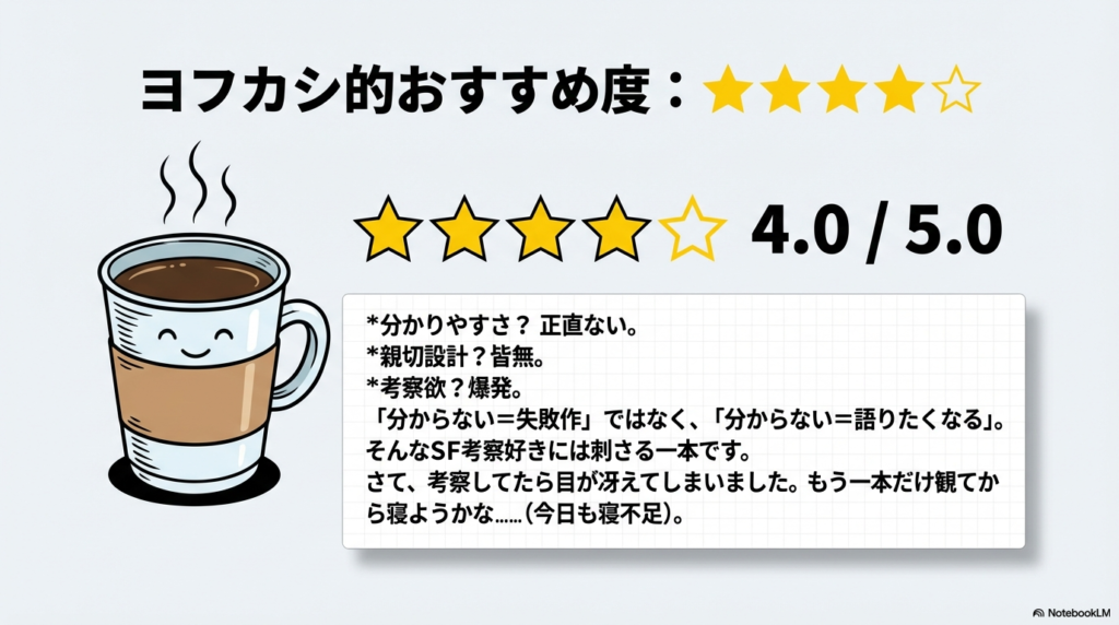 笑顔が描かれたコーヒーカップのイラスト。横に「ヨフカシ的おすすめ度：4.0/5.0」という評価と、「分からない＝語りたくなる」という考察好き向けのコメントが添えられている。