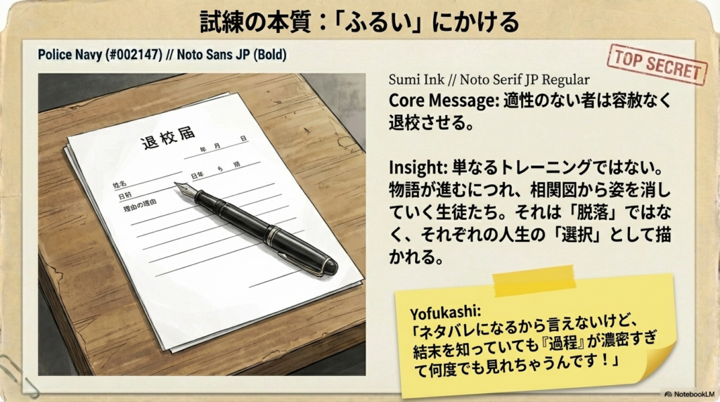机に置かれた「退校届」と万年筆の画像。不適格者は容赦なく排除される厳しさの象徴。