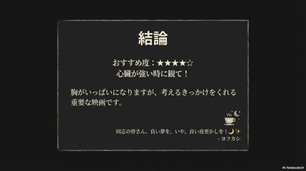 「心臓が強い時に観て！」というおすすめ度と、ヨフカシからの締めくくりのメッセージが書かれたスライド。