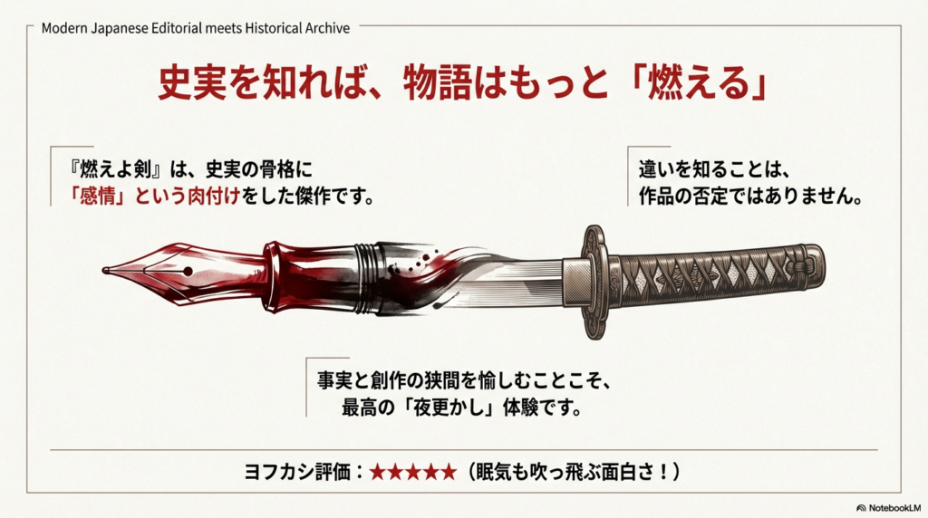 万年筆のペン先が刀の刃へと変化していくイラスト。事実に「感情」を肉付けした傑作として、事実と創作の狭間を愉しむことを提案するメッセージ。