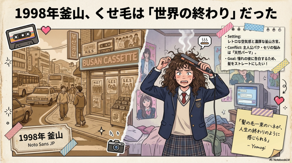 レトロな釜山の街並みと、ヘアアイロンで髪を伸ばそうとするパク・セリのイラスト。作品の設定と「天然パーマ」の悩みを解説。