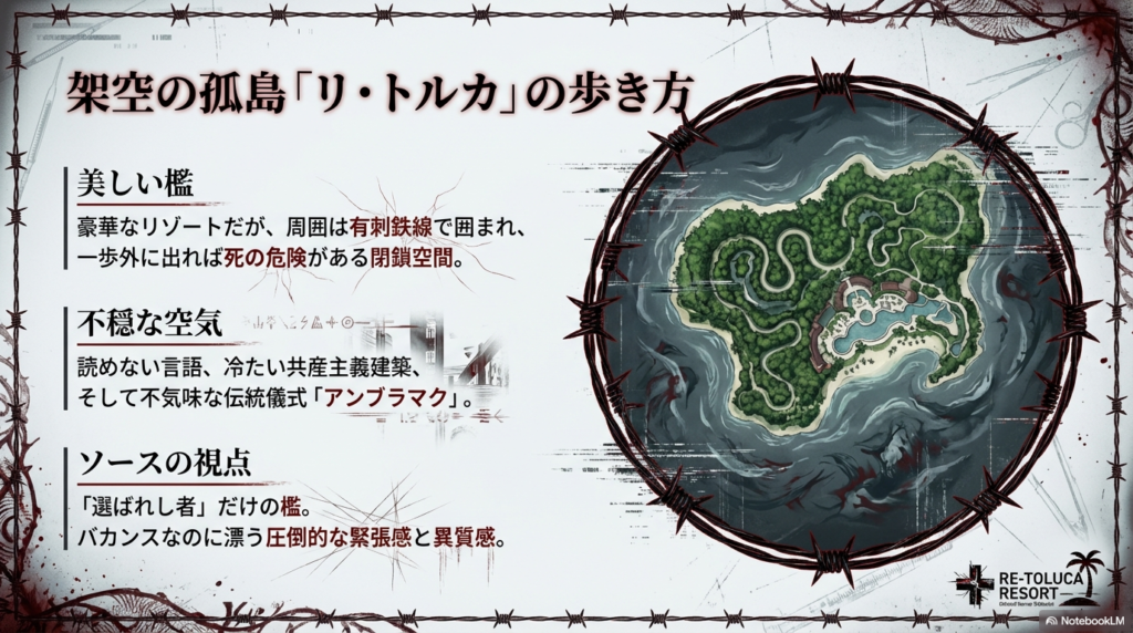 豪華なリゾートだが有刺鉄線に囲まれた閉鎖空間「リ・トルカ」の不穏な設定を説明するスライド。