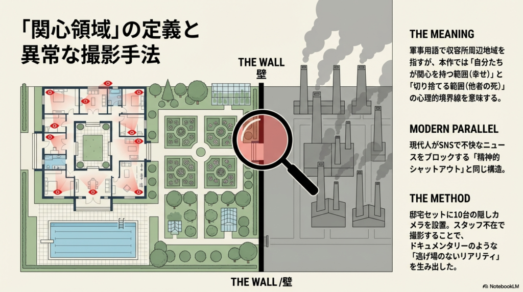 邸宅セットに10台の隠しカメラを設置し、スタッフ不在で撮影した手法の解説。ドキュメンタリーのような「逃げ場のないリアリティ」を生み出したことが説明されている。