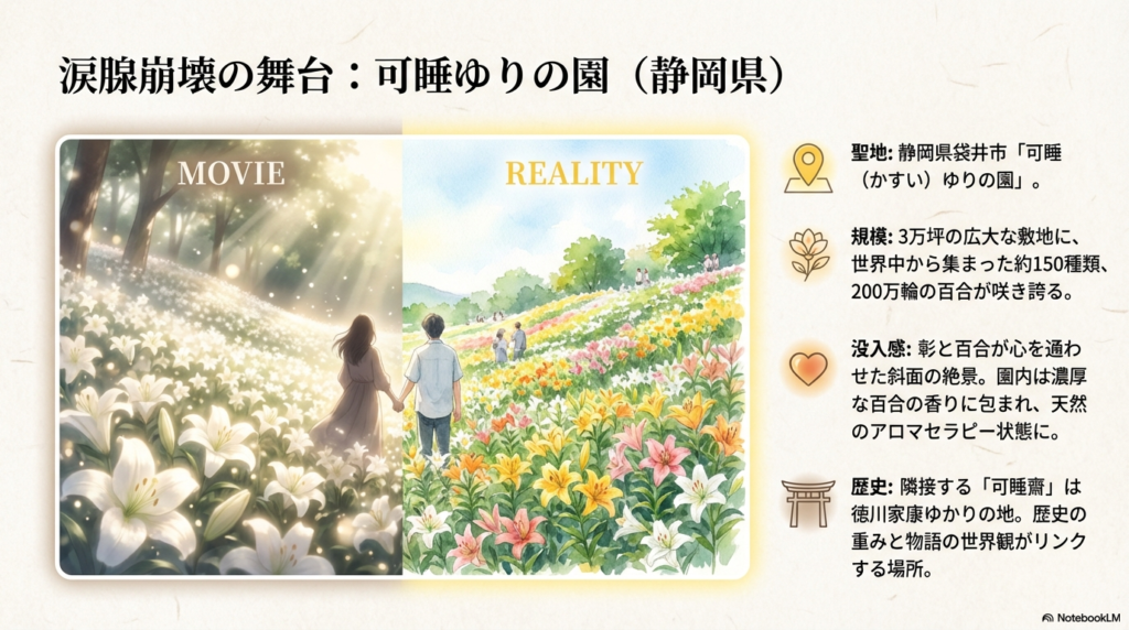 映画内の真っ白な百合畑と、現実のカラフルな百合畑を左右で比較した画像。静岡県袋井市「可睡ゆりの園」の規模や歴史(徳川家康ゆかりの地)についても記載されている。