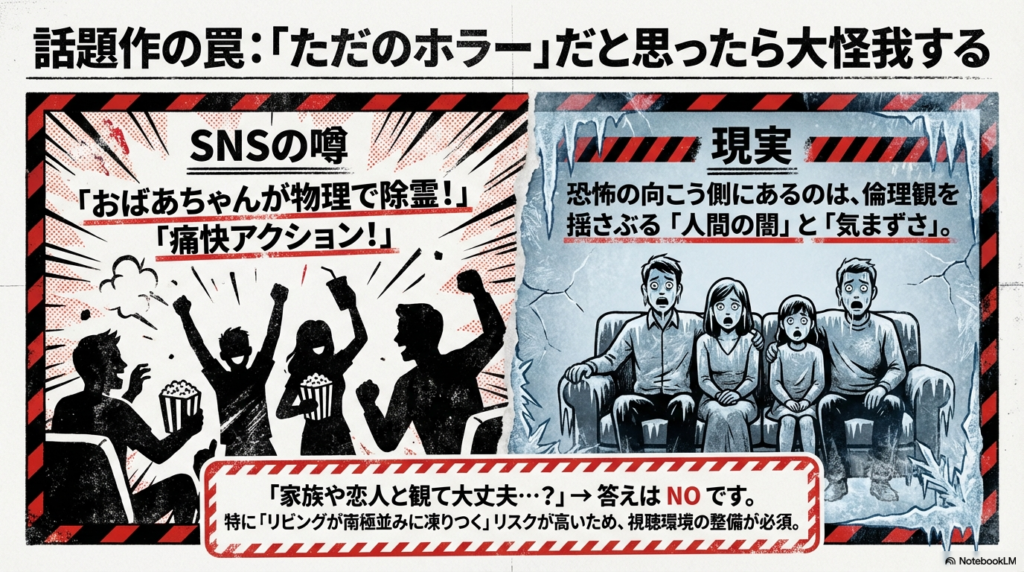 SNSでの「痛快アクション」という噂に対し、現実は「倫理観を揺さぶる人間の闇」であると警告するスライド。