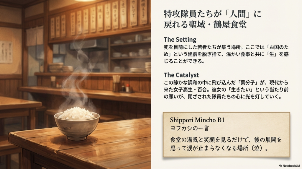 温かい湯気が立ち上る一杯の白米が机に置かれた、どこか懐かしく温かい食堂の風景。右側には「生を感じることができる場所」としての解説文が添えられている。