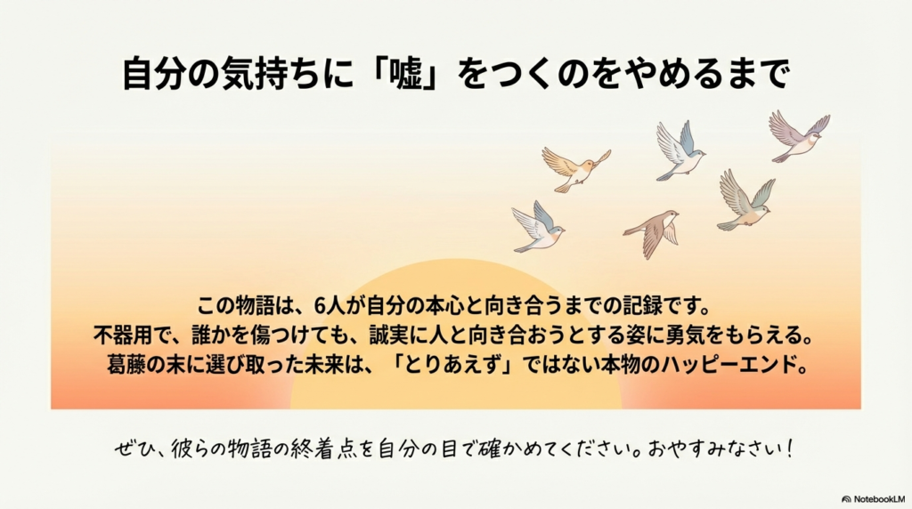 夕焼け空を飛ぶ鳥たちのイラスト。6人が葛藤の末に選び取った本物のハッピーエンドを祝福する、締めくくりのスライド。