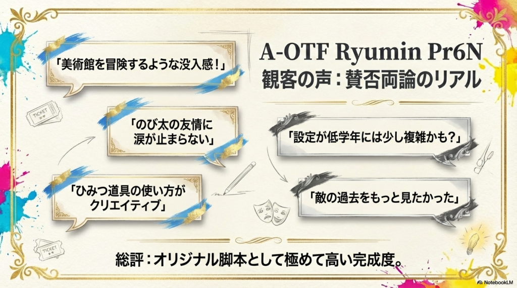 「映像が美しい」「のび太の友情に涙」「設定が少し複雑」といった賛否両論の口コミと、「オリジナル脚本として極めて高い完成度」という総評。