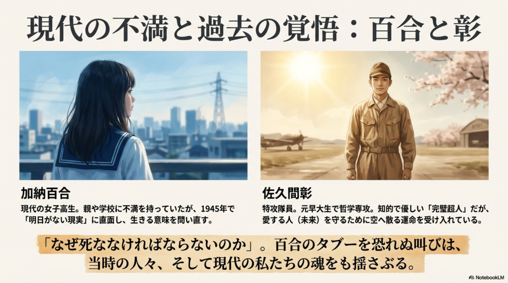 現代のビル群を背にするセーラー服姿の百合と、1945年の滑走路に立つ軍服姿の彰が並んだスライド。「なぜ死ななければならないのか」という百合の叫びが象徴的に記されている。