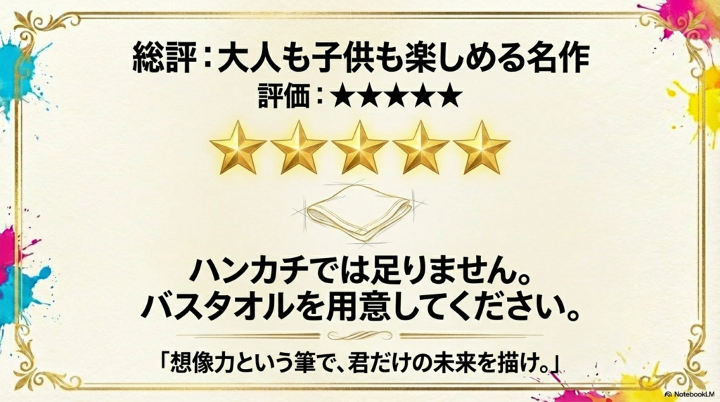 「評価：星5つ」「バスタオルを用意してください」という推薦コメントと、「想像力という筆で、君だけの未来を描け。」という印象的なキャッチコピー。