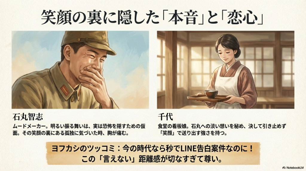 照れくさそうに笑う石丸と、お盆を持って微笑む千代のイラスト。「ムードメーカーの仮面」と「見送る強さ」という二人の内面に触れた解説スライド。