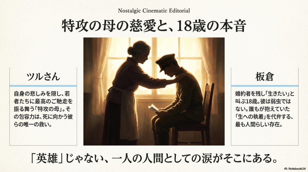 逆光の窓際で、隊員の肩を優しく抱くツルさんのシルエット。「特攻の母」としての包容力と、生きたいと願う18歳の板倉の人間らしい涙にフォーカスしたスライド。