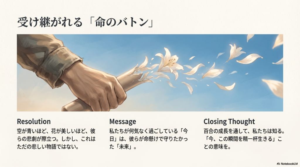 百合の花びらが舞う中、筒（バトン）を握る手元が描かれたスライド。「私たちが過ごす今日は、彼らが守りたかった未来」という作品の核心を突くメッセージが添えられている。