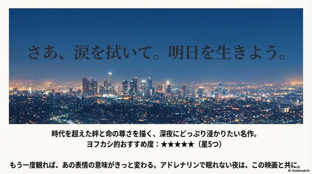 美しい現代の夜景を背景に「さあ、涙を拭いて。明日を生きよう。」という言葉が大きく記されたスライド。右下には星5つの評価が添えられている。