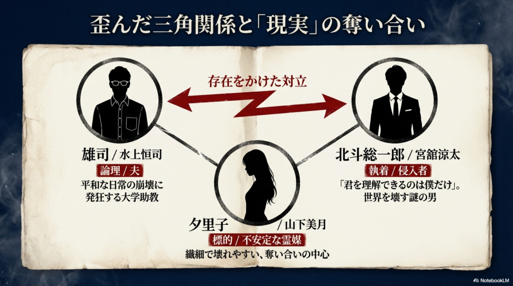 雄司（水上恒司）、夕里子（山下美月）、北斗総一郎（宮舘涼太）の三人の関係性と、論理・不安定・執着といった各々のキーワードをまとめた相関図