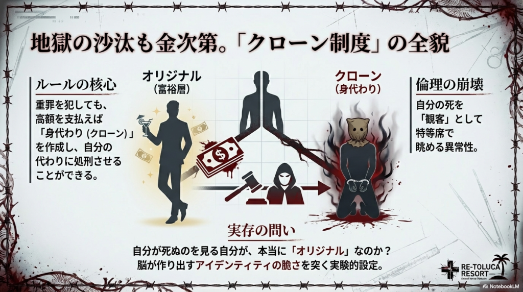 高額を支払えばクローンに身代わり処刑をさせられる制度と、アイデンティティの脆さを説くスライド。