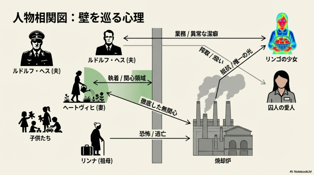 ルドルフ・ヘス、ヘートヴィヒ、子供たち、そしてリンゴを配る少女などが描かれた相関図。それぞれのキャラクターが「無関心」「執着」「抵抗」など、どのような心理状態で壁と向き合っているかが示されている。