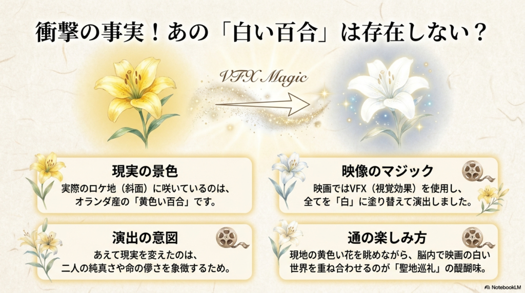 実際のロケ地にはオランダ産の黄色い百合が咲いており、映画ではVFXで白く塗り替えていることを説明するスライド。