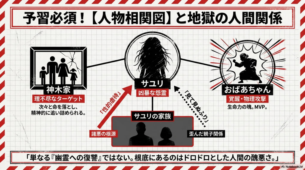 ターゲットとなる神木家、怨霊サユリ、諸悪の根源であるサユリの家族、そして覚醒するおばあちゃんの相関図。