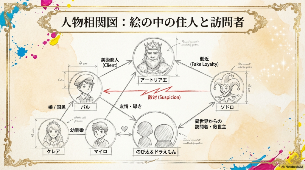 アートリア王、美術商人パル、王女クレア、幼馴染マイロ、そして訪問者としてのび太＆ドラえもんの繋がりを示す相関図。ソドロとの敵対関係も示されている。