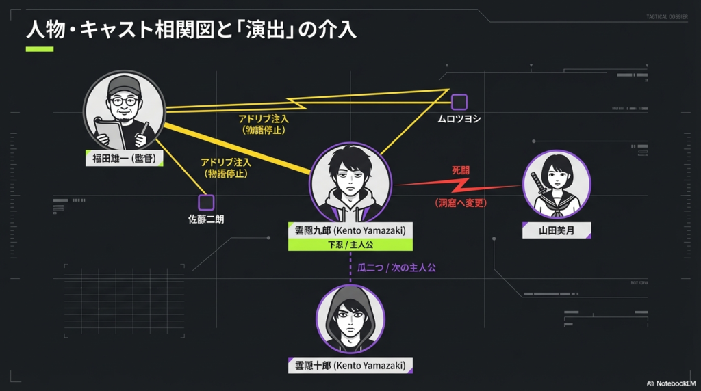 監督の福田雄一が、佐藤二朗やムロツヨシに対して「アドリブ注入（物語停止）」を行い、九郎と美月の死闘という本筋に介入している様子を描いた相関図。