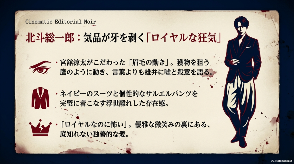 ネイビーのスーツとサルエルパンツの衣装、獲物を狙う鷹のような「眉毛の動き」など、宮舘涼太がこだわったロイヤルな狂気の詳細
