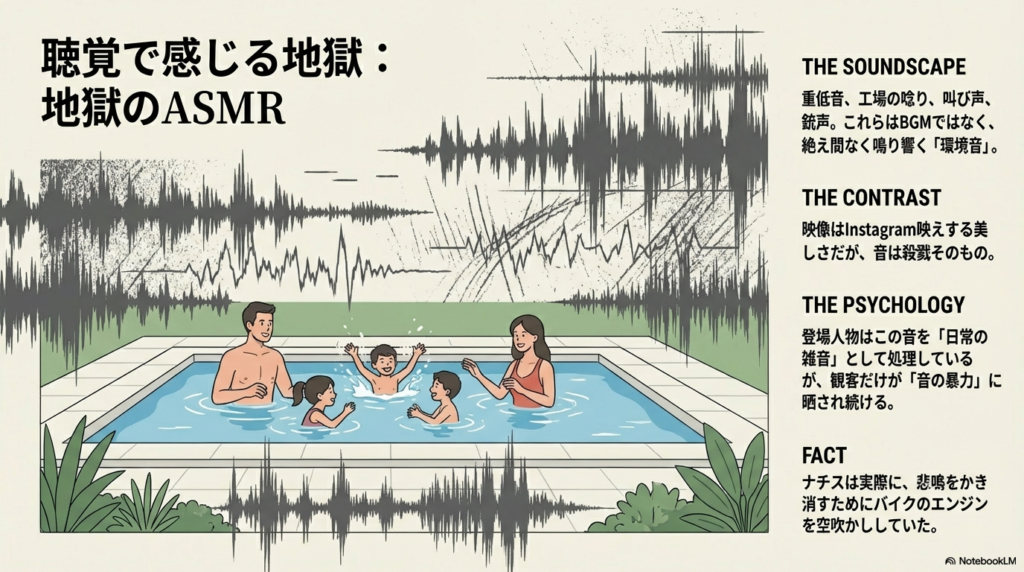 プールで遊ぶ家族のイラストに、激しい音波（波形）が重なっている図。美しい映像と、叫び声や銃声などの「音の暴力」が対比されており、ナチスがバイクのエンジン音で悲鳴をかき消していた事実も記されている。