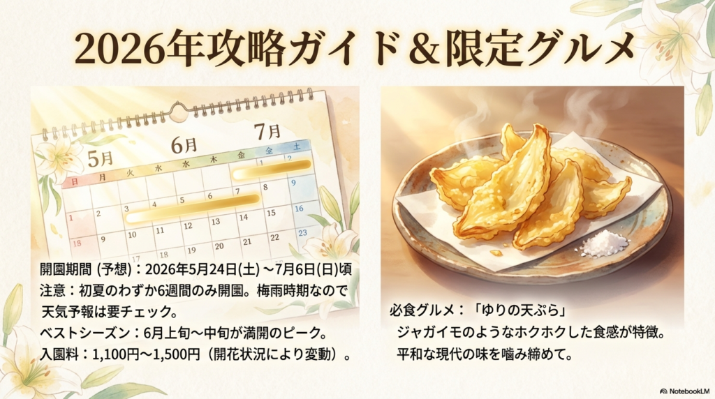 2026年5月〜7月の開園予想カレンダーと、園内グルメ「ゆりの天ぷら」の紹介。